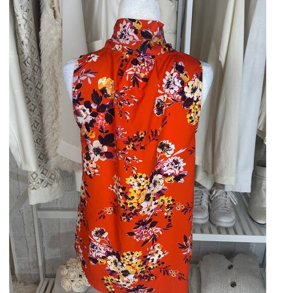 A New Day Women's Size S Orange Floral Tie Neck Sleeveless Blouse #0506 - Picture 10 of 12